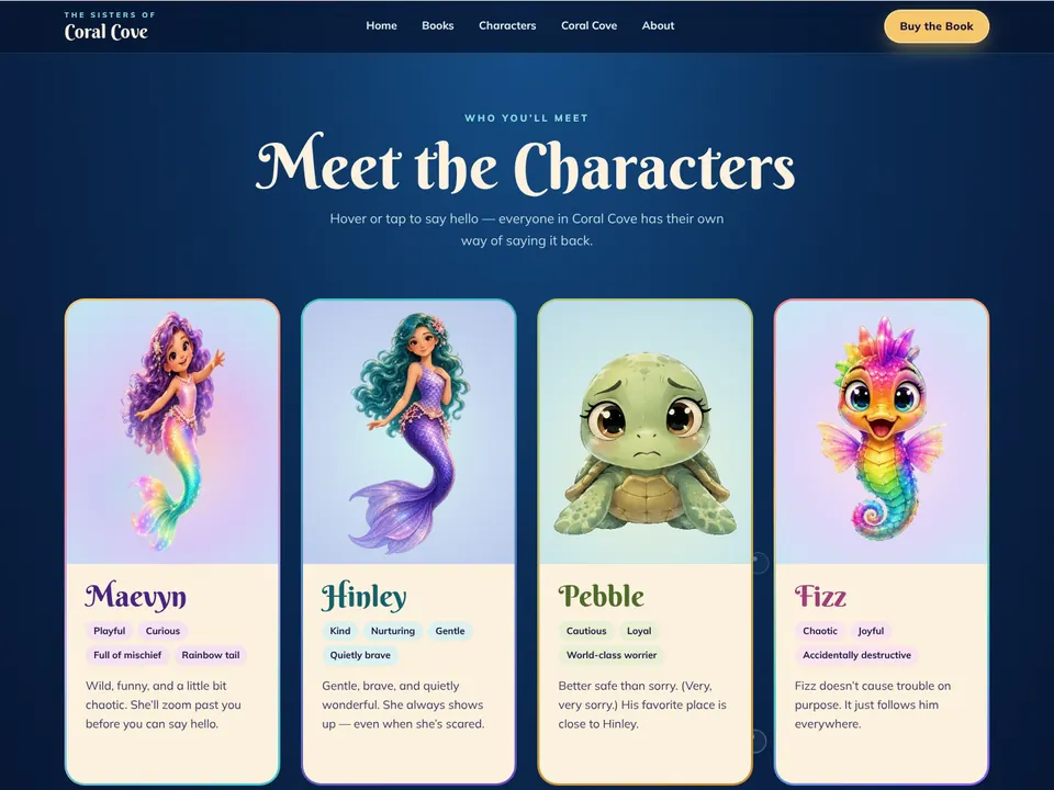 The Meet the Characters section with cards for Maevyn, Hinley, Pebble and Fizz