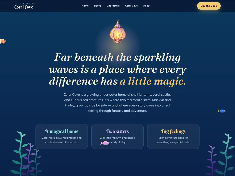 The Welcome section with a glowing shell lantern, swimming fish and swaying kelp