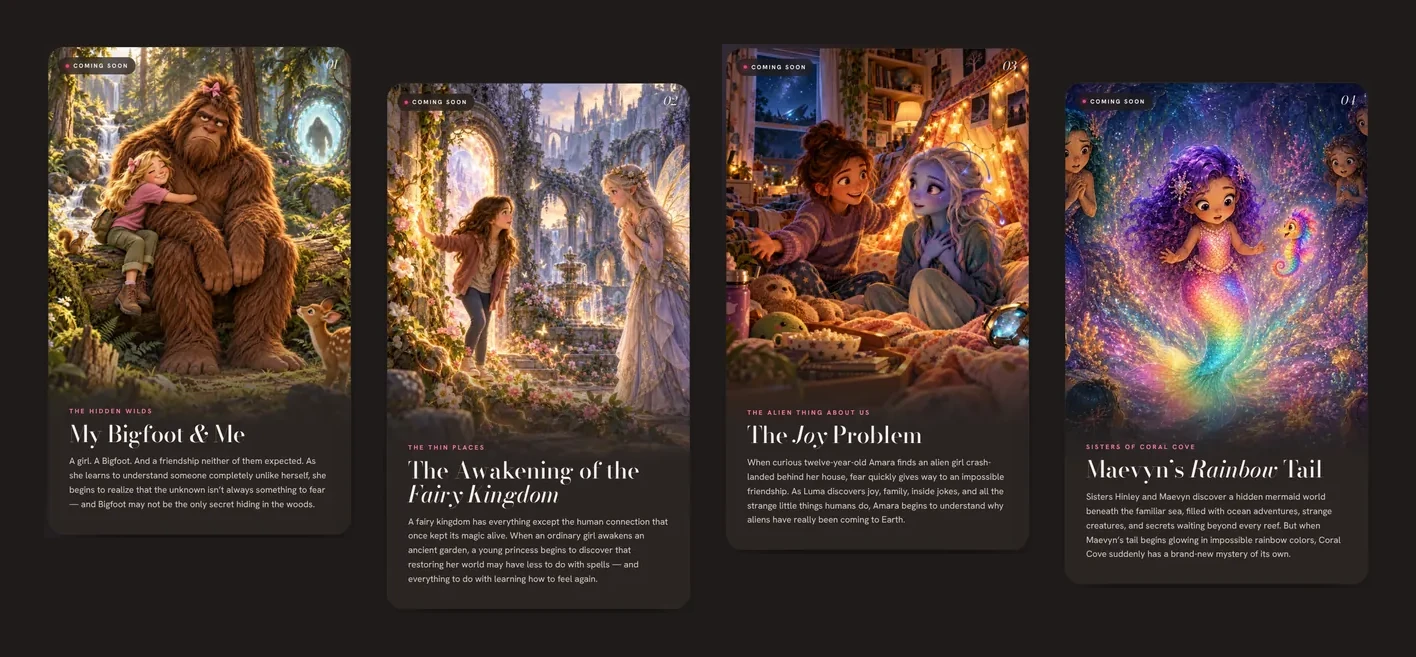 The Stories section showing all four story worlds with their descriptions: My Bigfoot & Me, The Awakening of the Fairy Kingdom, The Joy Problem and Maevyn’s Rainbow Tail